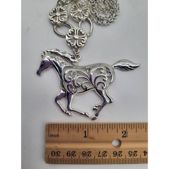 Silver Tone Western Cowgirl Ranch Country Horse Statement Necklace Rhinestone - Picture 9 of 9